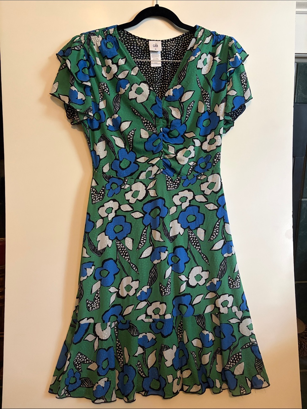 Cabi Celebrate Green Reversible Mesh Blue Floral Polka Dot V-neck Midi M medium